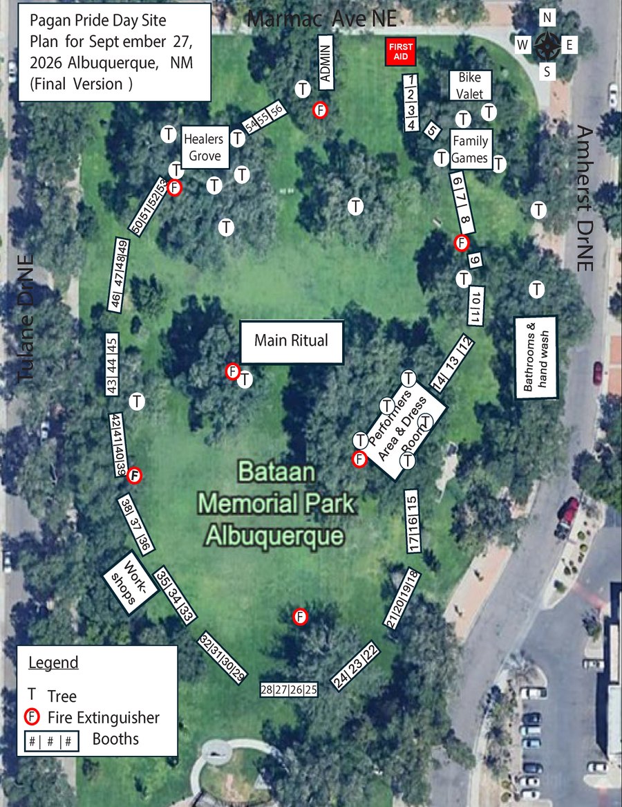 Site plan of Bataan Memorial Park showing numbered booths 1 to 56 around the
                      perimeter, with the Main Ritual space, Healers Grove, Workshops, Family Games,
                      Bike Valet, First Aid in Booth 1, bathrooms and the performers&rsquo; area.
